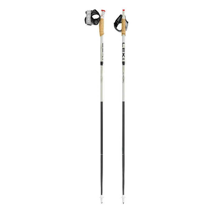 Two ski poles with black and white design on a white background