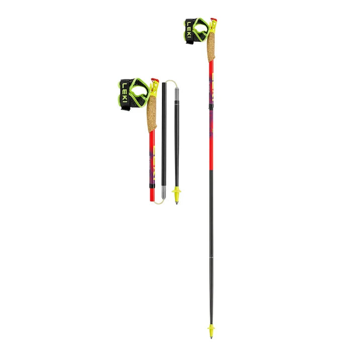 Two ski poles with adjustable sections on a white background, featuring the Leki brand.