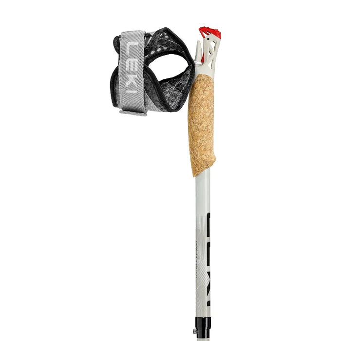 LEKI hiking pole with cork handle and black strap on a white background