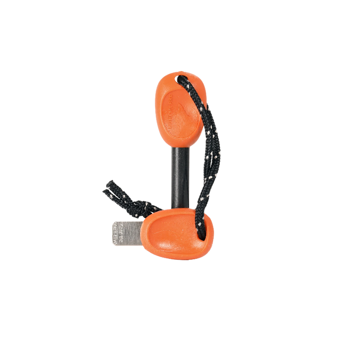 Orange fire starter with black cord on a white background