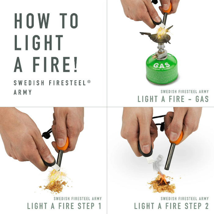 Step-by-step guide on how to light a fire using Swedish Firesteel Army products.