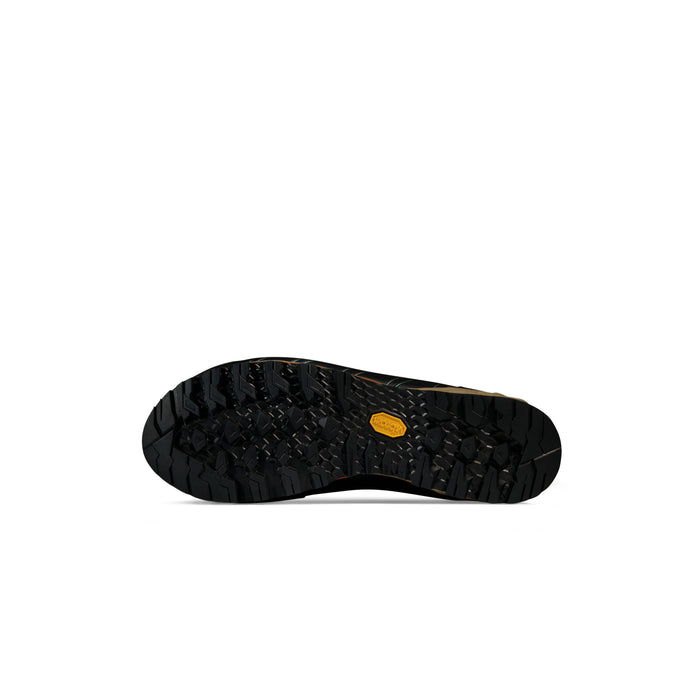 Black shoe sole with a yellow logo on a white background