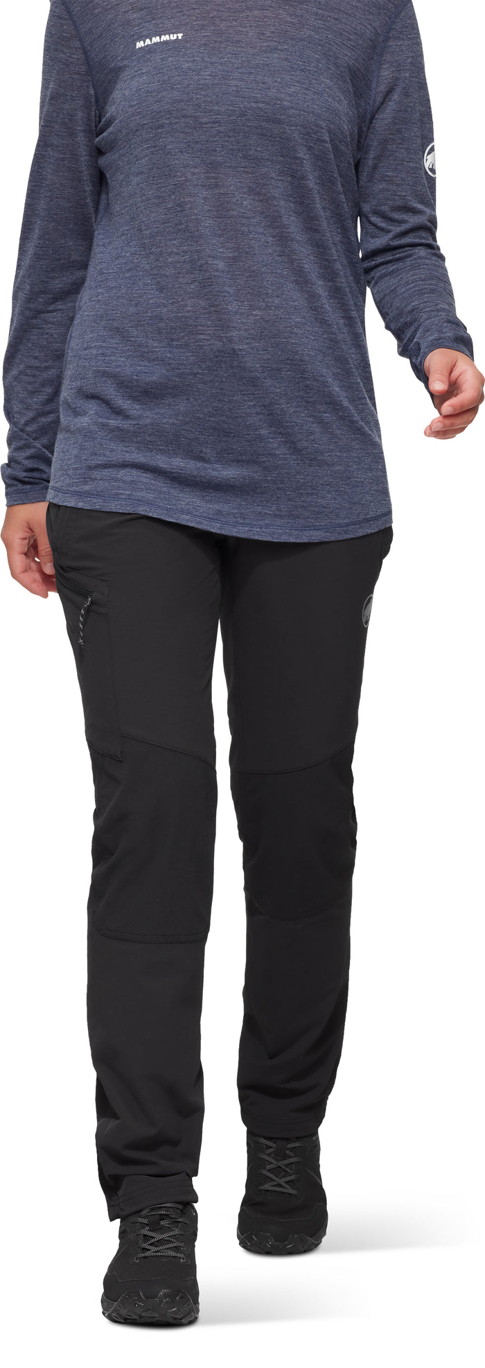 Person wearing a blue long-sleeve top and black pants on a white background
