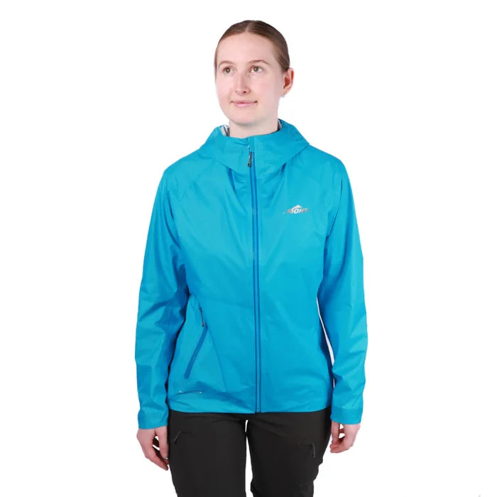 A woman wearing a blue Mont Lightspeed waterproof jacket, suitable for trail running and multi-sport races.