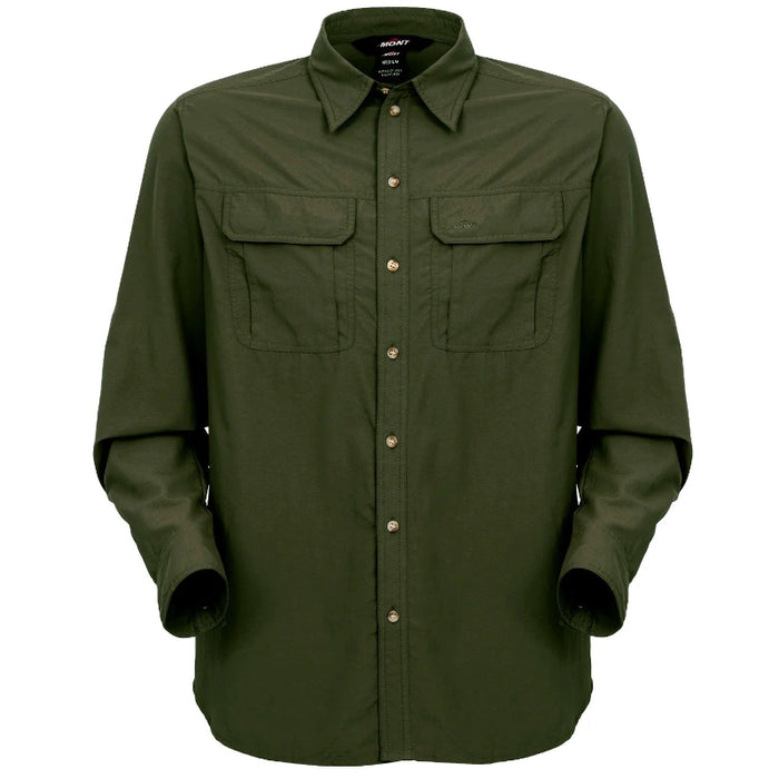 Green shirt with button details on a white background