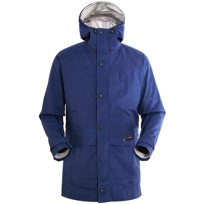 A blue Mont Raindance rain jacket with a hood, designed for men and women.