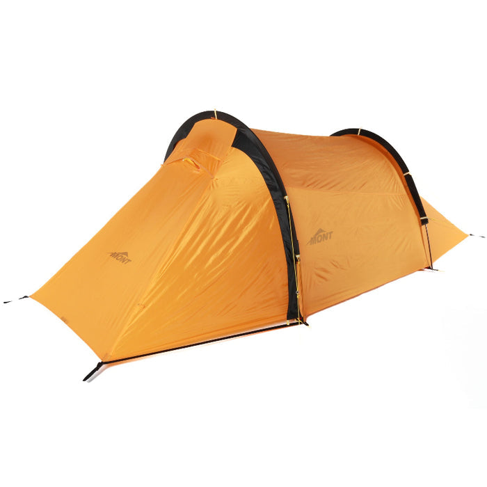 A orange tunnel tent designed for 4-season use, displayed against a white background.