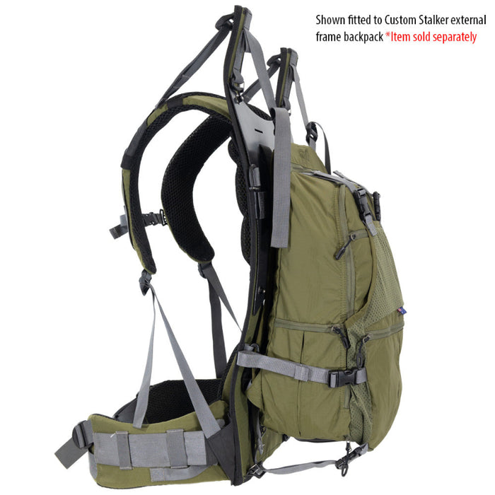 Green backpack with frame and straps on a white background