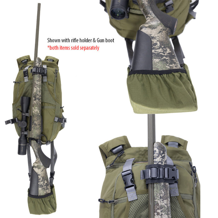Green camouflage backpack with rifle holder and gun boot on a white background