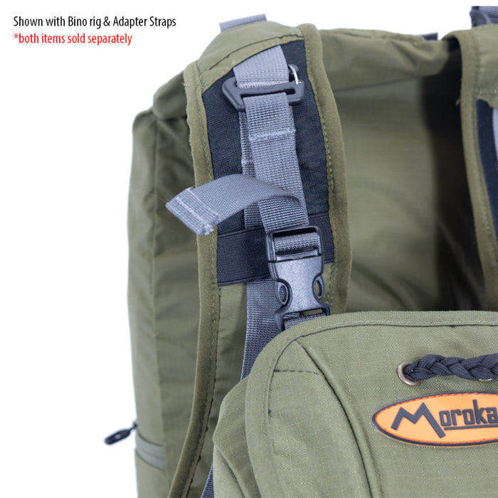 Green backpack with straps and Moroka logo on a white background