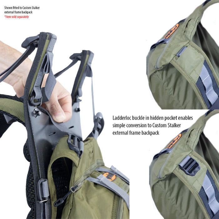 Green external frame backpack with ladderloc buckle feature, showing conversion to a custom stalker design.