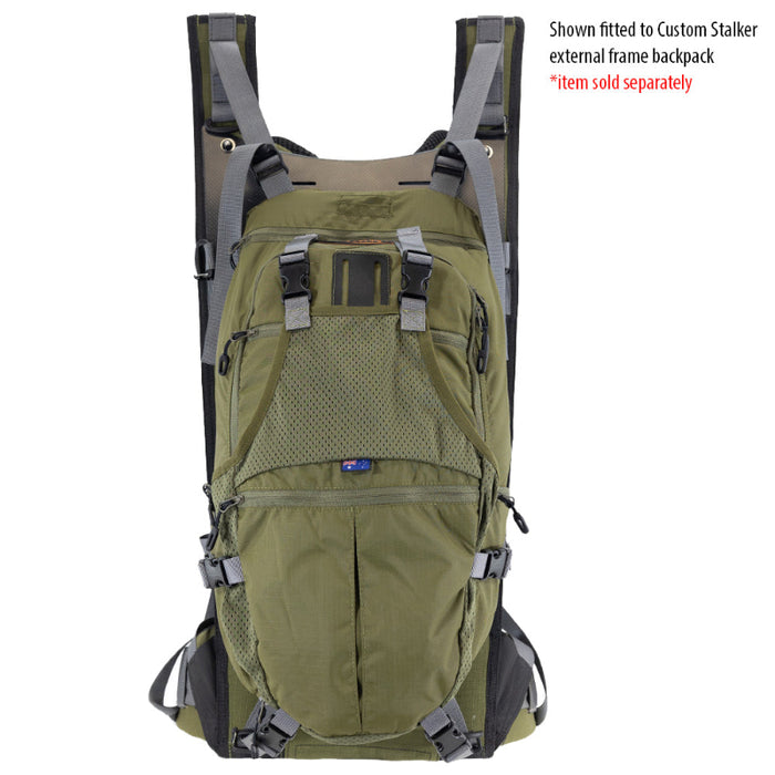 Green backpack with gray straps on a white background
