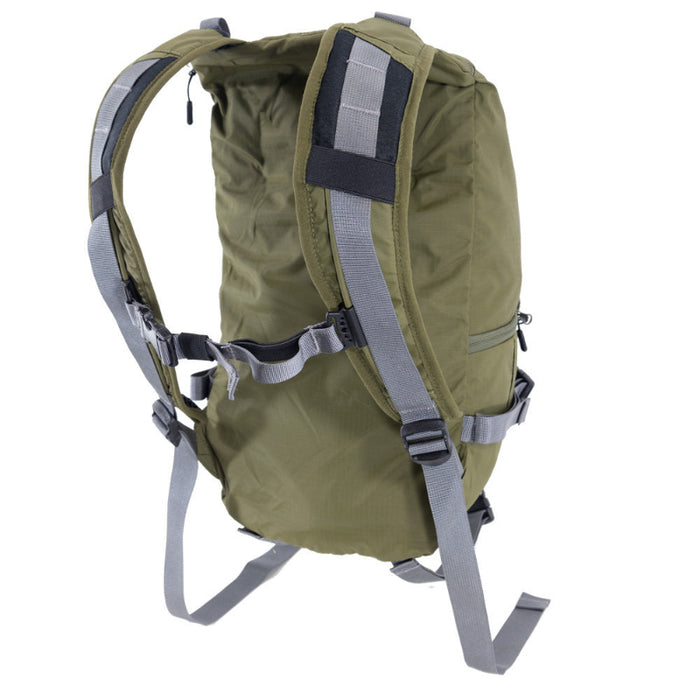 Green backpack with gray straps on a white background