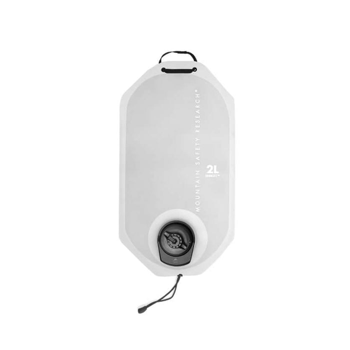 A white, foldable MSR Dromlite water storage bag with a cap and a black hanging loop.