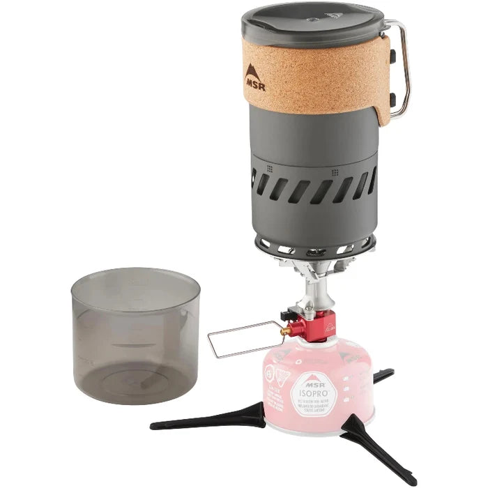 MSR camping stove with fuel canister and pot on a white background