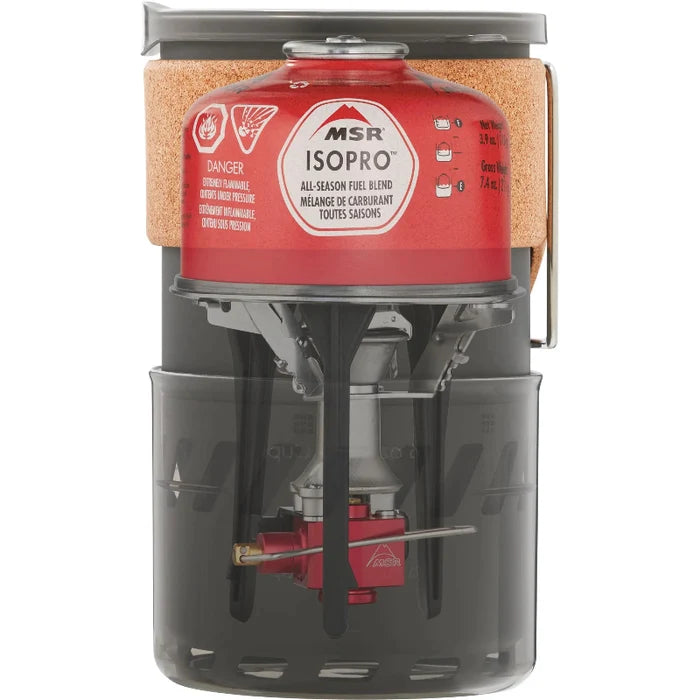 MSR camping stove with fuel canister on a white background