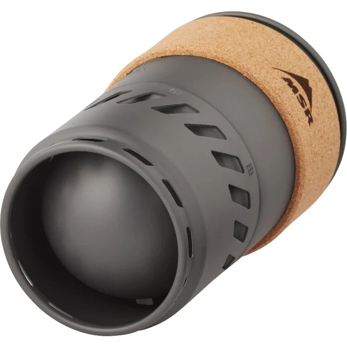 Gray hiking stove pot sleeve with cork-like material on a white background