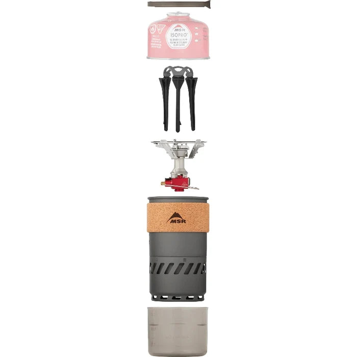 MSR camping stove with fuel canister and accessories on a white background