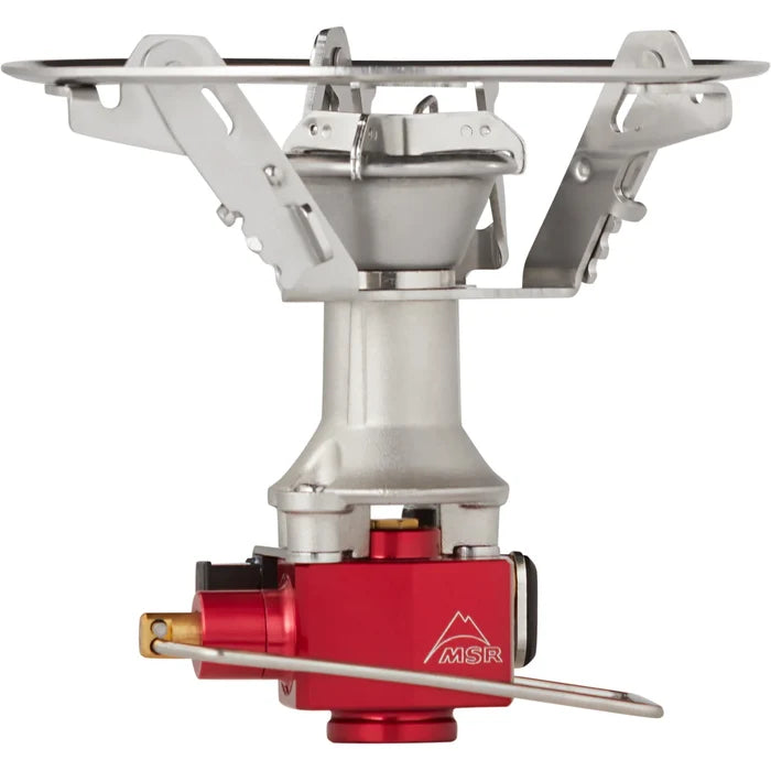 Camping stove with red base and MSR logo on a white background