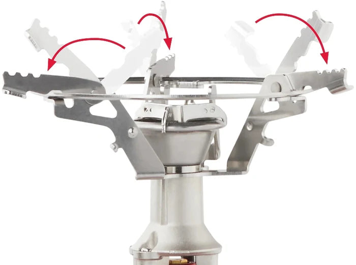 Close-up of a camping stove with adjustable flames on a white background
