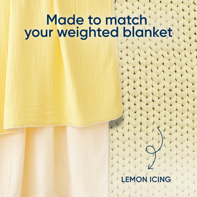 A close-up of a textured blanket in a lemon icing color with the text 'Made to match your weighted blanket' above it