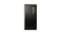 Black power bank with text on a white background