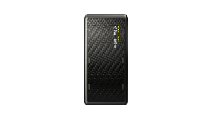 Black power bank with text on a white background