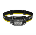 Headlamp with black and yellow strap on a white background