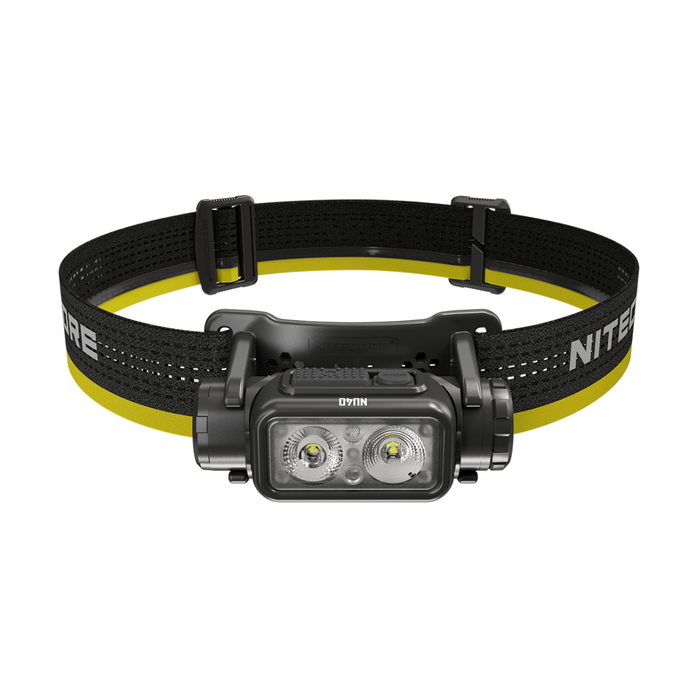 Headlamp with black and yellow strap on a white background
