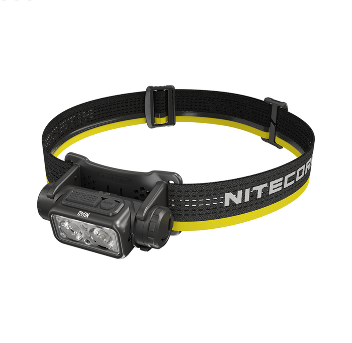 Nitecore headlamp with black and yellow strap on a white background