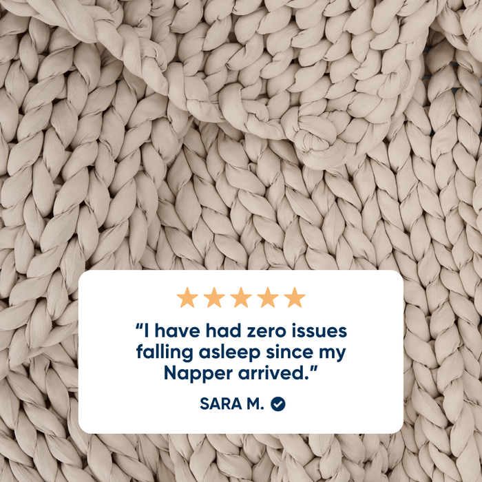 Driftwood color ocean weighted blanket with a five-star rating card and customer review.
