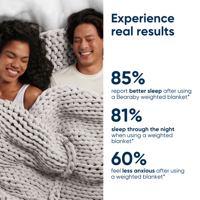 Couple under a moonstone grey colored ocean napper with statistics about its effects on sleep and anxiety.