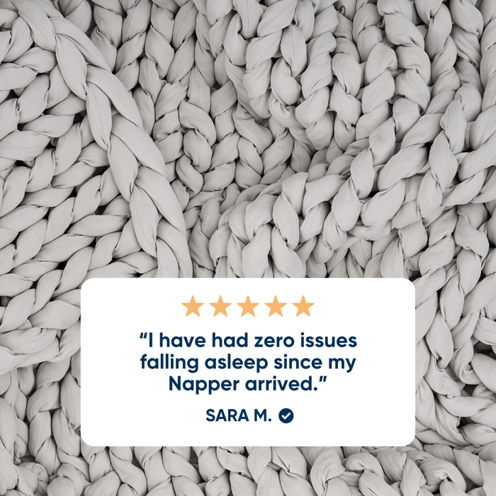 Text overlay review on a moonstone grey ocean napper