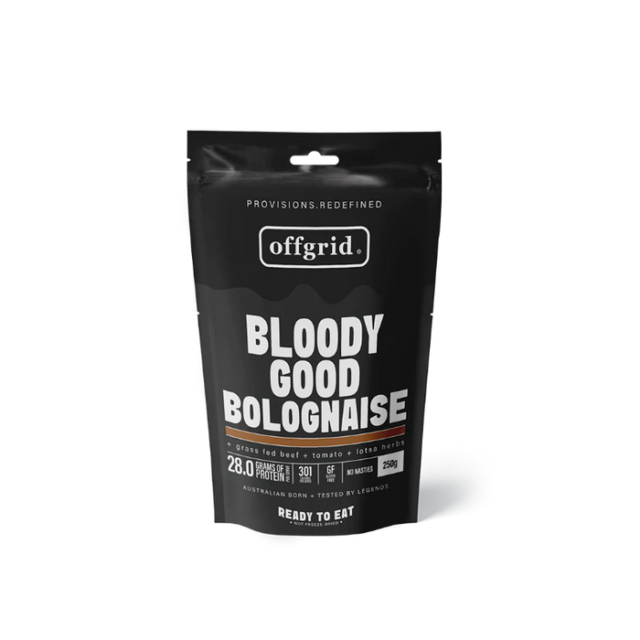 Black package of 'Bloody Good Bolognese' by offgrid on a white background