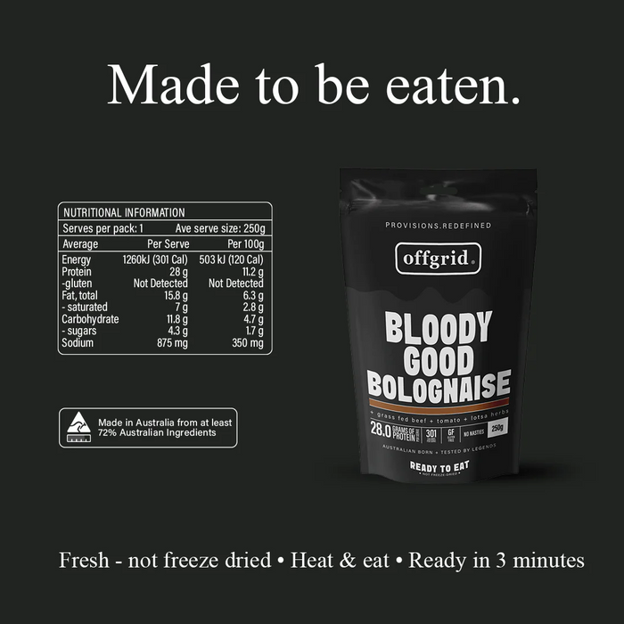 Offgrid Bloody Good Bolognese packet with nutritional information on a black background
