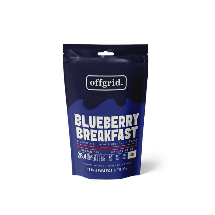A stand-up pouch of offgrid. Blueberry Breakfast protein powder on a clean white background.