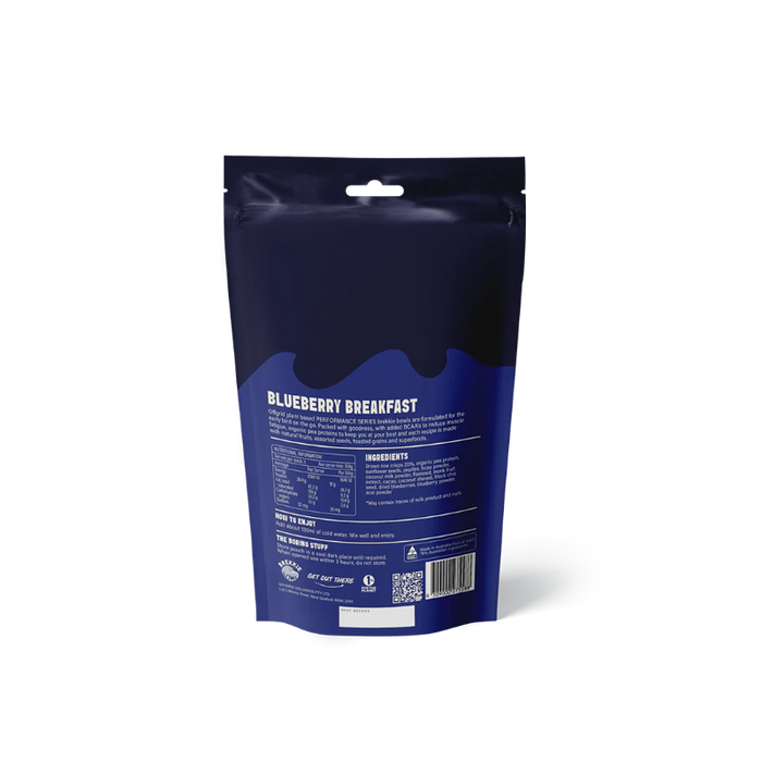 A dark blue stand-up pouch package labeled 'BLUEBERRY BREAKFAST' with product details, nutrition facts, ingredients, and a QR code on a clean white background.