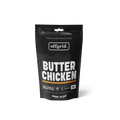 Black package of 'butter chicken' by offgrid on a white background
