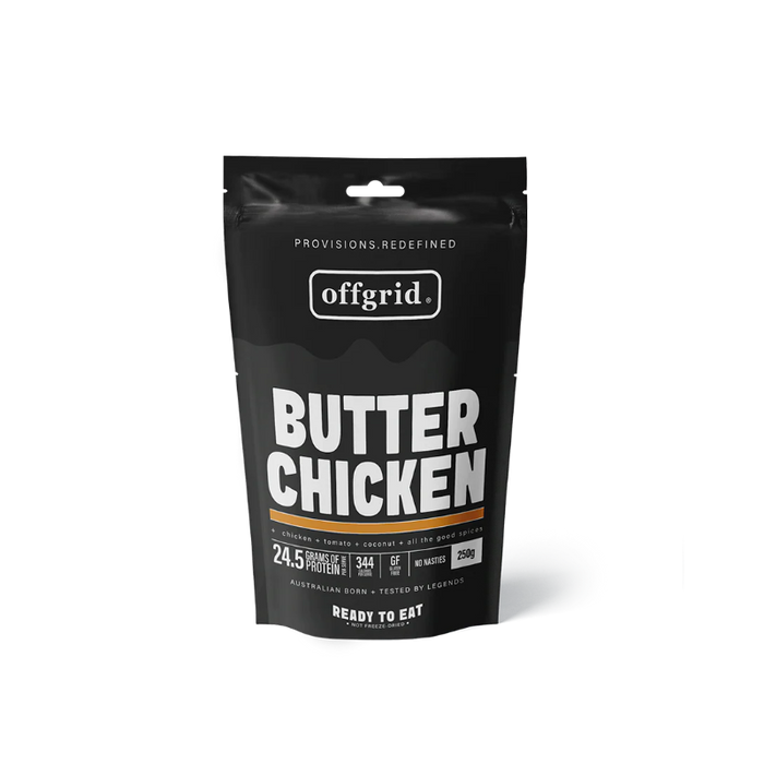 Black package of 'butter chicken' by offgrid on a white background