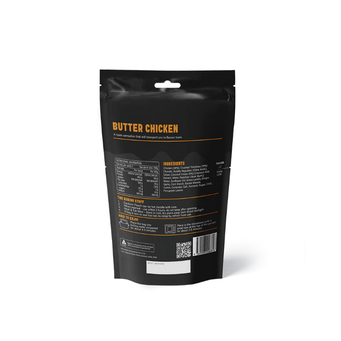 Butter Chicken packaging with black background and orange text