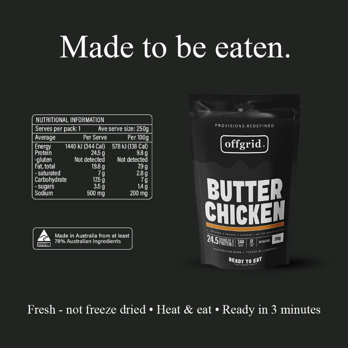 Offgrid Butter Chicken packaging with nutritional information on a black background