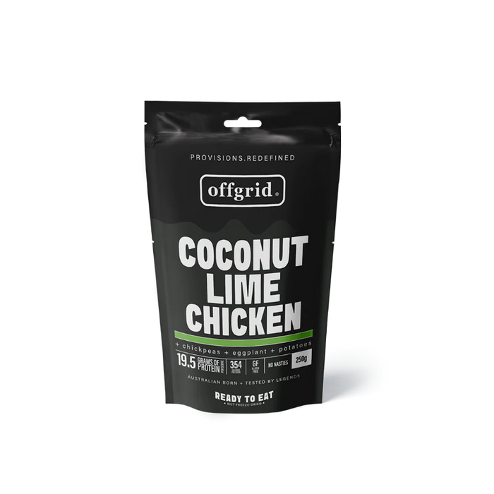 Black package of 'Coconut Lime Chicken' by offgrid on a white background