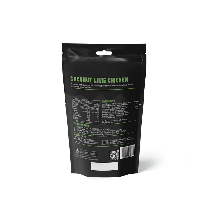Black packaging of 'Coconut Lime Chicken' with green text on a white background