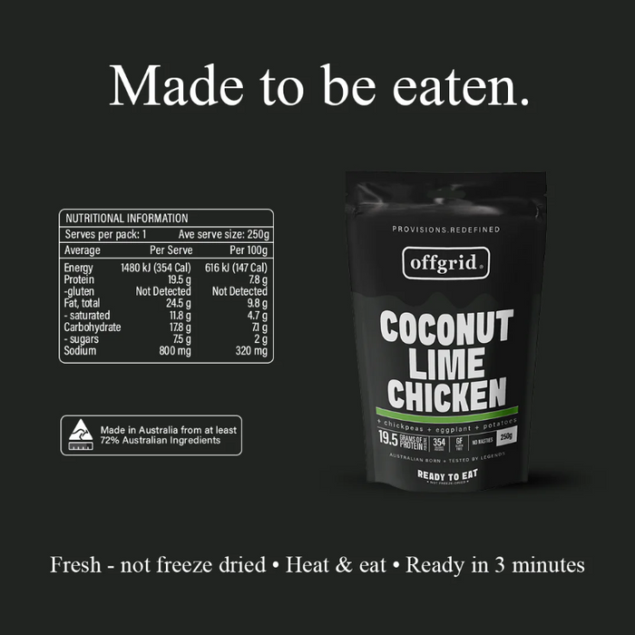 Offgrid Outback Lamb Curry package with nutritional information on a black background