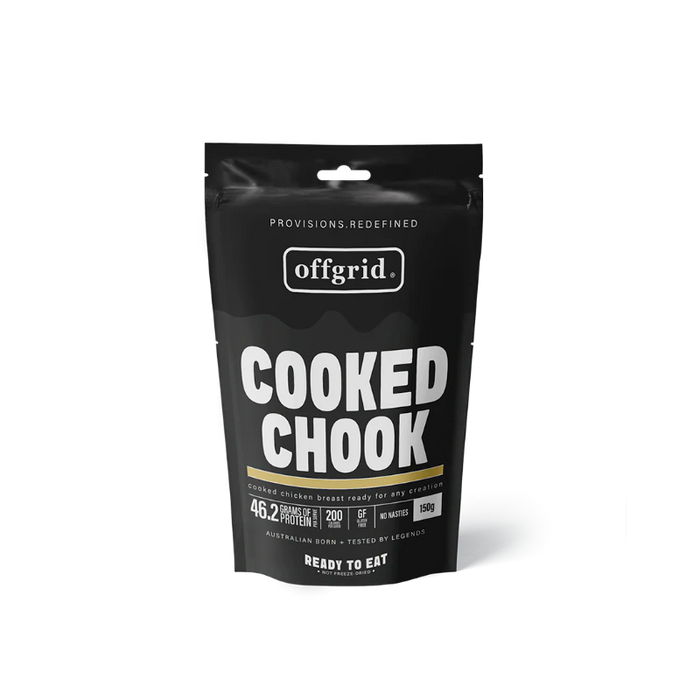 Black package of 'Cooked Chook' by offgrid on a white background