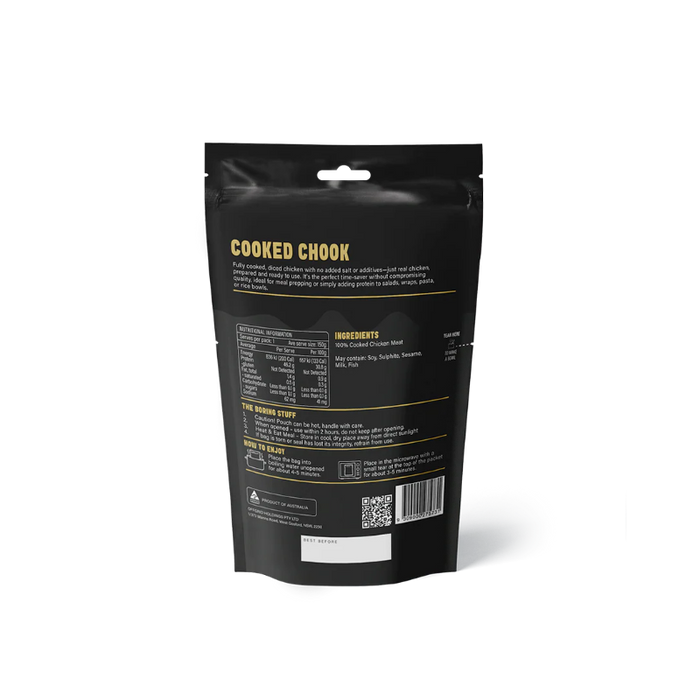 Black packaging of 'Cooked Chook' with yellow text on a white background