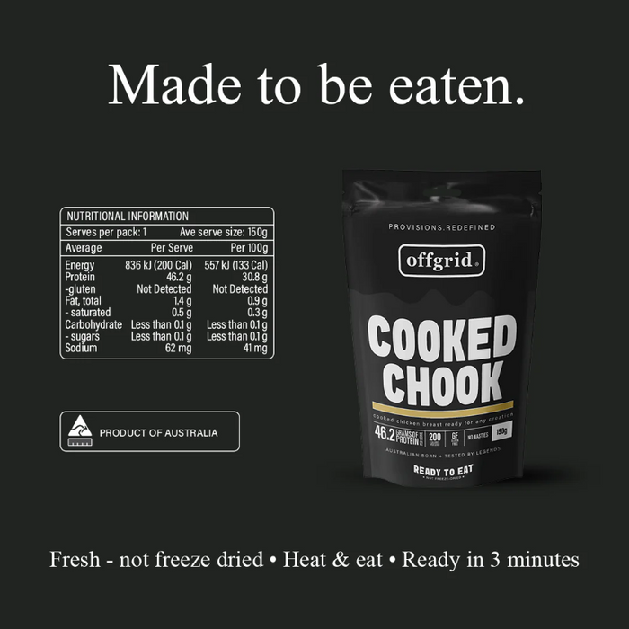Offgrid Cooked Chook packaging with nutritional information on a black background