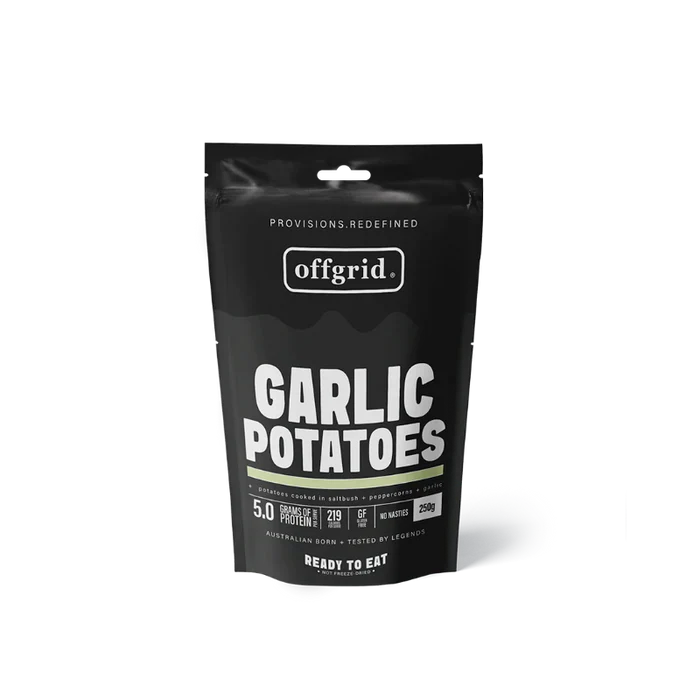 Black package of offgrid Garlic Potatoes on a white background