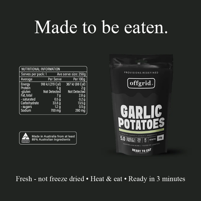 Offgrid Garlic Potatoes packaging with nutritional information on a black background