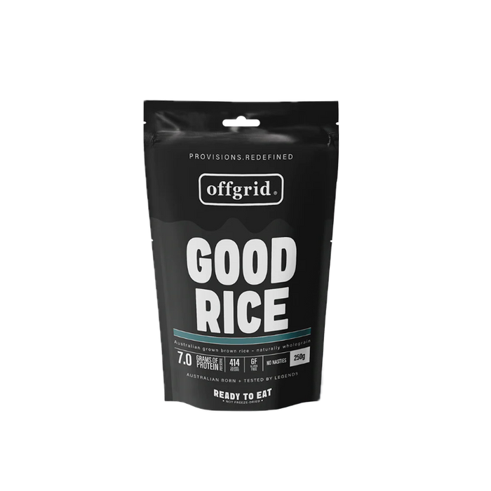 Black package of 'Good Rice' by offgrid on a white background